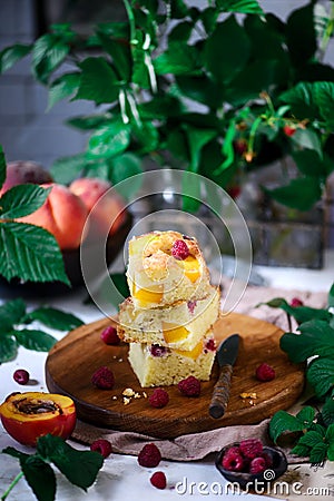 Peach raspberry olive oil cake. rustic photo Stock Photo