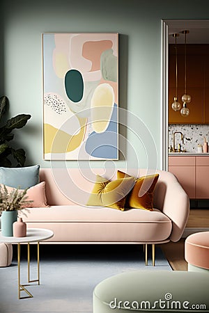 Peach retro sofa with cushions and pastel coloured painting, created using generative ai technology Stock Photo