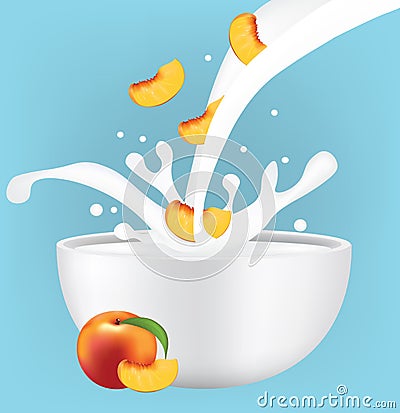 Peach slice in milk splash Vector Illustration