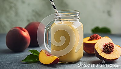 Peach smoothie in glass jar with paper straw. Tasty and healthy beverage. Delicious summer drink Stock Photo