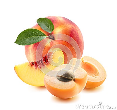 Peach whole, apricot pieces isolated on white background Stock Photo