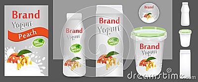 Peach Yogurt packaging design or ads. Template various packages for yogurt products 3d illustration. Applicable for branding, Vector Illustration