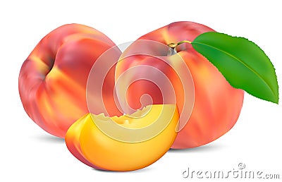 Peaches with leaves and slices Vector Illustration