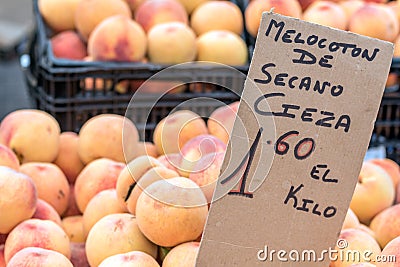 Peaches in street market Torrevieja, Spain Stock Photo