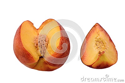 Peaches whole and sliced halves with a bone isolated on white background Stock Photo