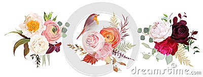 Peachy rose, white and burgundy red peony, orange ranunculus, carnation Vector Illustration