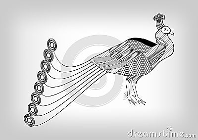 Peacock, black and white stylized ornamental drawing, bird on gray gradient background, useful as decoration, tattoo temp Vector Illustration