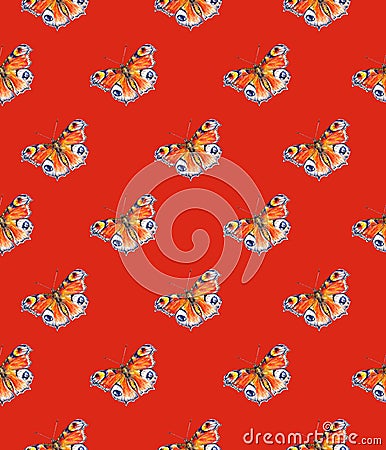 Peacock butterflies on a red background. Watercolor drawing. Insects art. Handwork. Seamless pattern Stock Photo