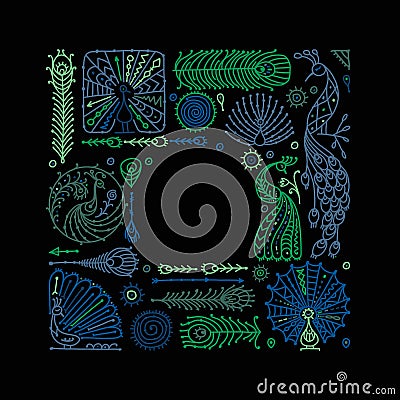 Peacock collection, ethnic style, sketch for your design Vector Illustration