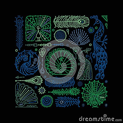 Peacock collection, ethnic style, sketch for your design Vector Illustration
