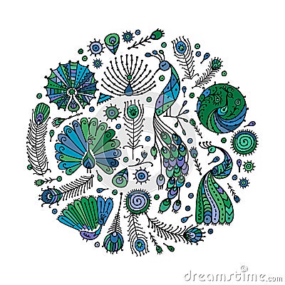 Peacock collection, ethnic style, sketch for your design. Vector illustration Vector Illustration