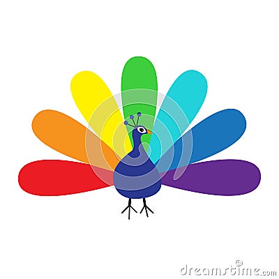 Peacock Feather out open colorful rainbow tail. Beautiful Exotic tropical bird. Zoo animal collection. Cute cartoon character. Dec Vector Illustration