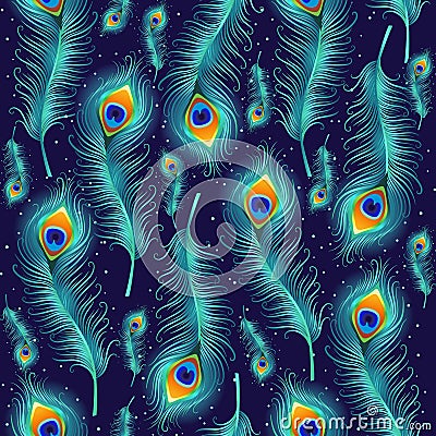 Peacock feather seamless pattern. Vector Illustration