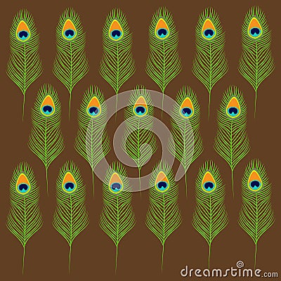 Peacock feather set collection. Exotic tropical bird colorful tail. Brown background. Flat design. Vector Illustration