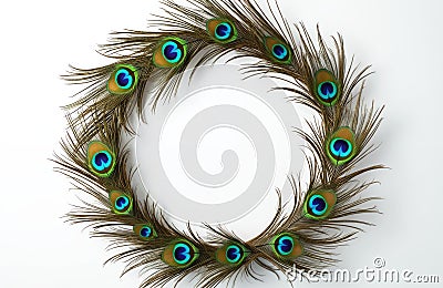 Peacock feathers arranged in circle on white background. Colorful feathers create decorative frame. Ideal for design projects as Stock Photo