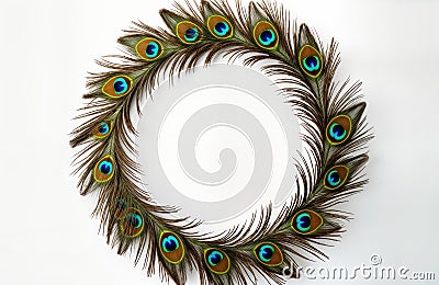 Peacock feathers form circular frame against white background. Colorful feathers create decorative border. Design suitable for Stock Photo