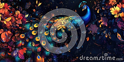 A peacock, resplendent in iridescent plumage, displays a breathtaking array of colors, creating a dazzling spectacle against a Stock Photo