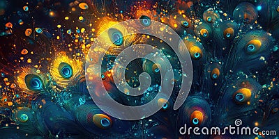 A peacock, resplendent in iridescent plumage, displays a breathtaking array of colors, creating a dazzling spectacle against a Stock Photo