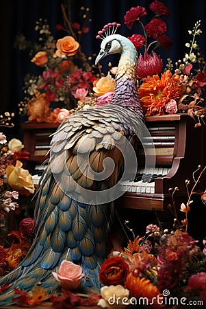 A peacock is sitting on a piano surrounded by flowers, AI Stock Photo