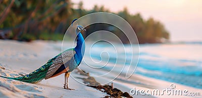 Peacock Strolling Along the Shoreline at Sunset on a Tropical Beach Stock Photo