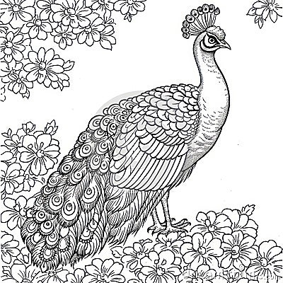 peafowl drawing Coloring book page Stock Photo