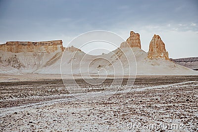 Peaked rocks in the canyon of Boszhira, chines Plateau Ustyurt, Kazakhstan Stock Photo