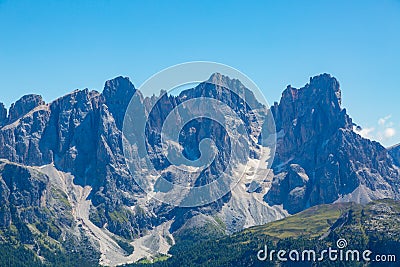 Peaks of pala group mountains pale di san Martino in blue sky Stock Photo