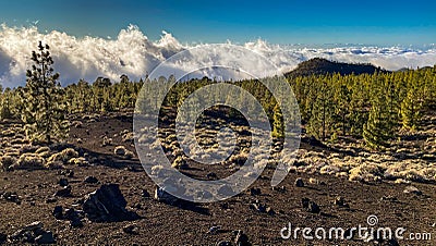 Peaks of Teide and Pico Viejo volcanoes at sunset seen from the Samara crater. Stock Photo