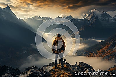 Peaks triumph, successful man hiker savors view, conquering both mountain and journey Stock Photo