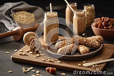 Peanut butter-inspired snack scene. Peanut butter and banana slices, peanut butter-filled celery sticks, set in an active, fitness Stock Photo