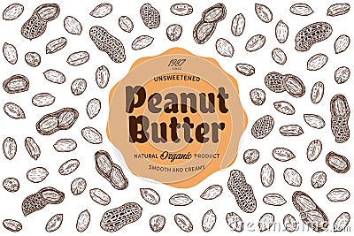 Peanut butter label, peanut seeds and shells icons Vector Illustration