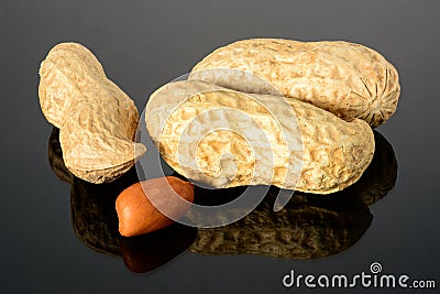 Peanut on glossy grey surface with reflection. Three whole real peanut with kernel macro close-up, high resolution full depth of Stock Photo