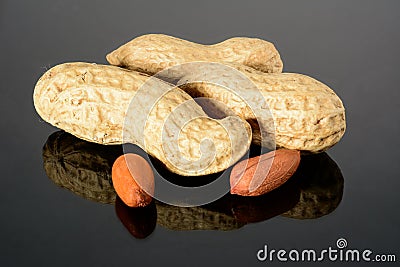 Peanut on glossy grey surface with reflection. Three whole real peanut with two kernels macro close-up, high resolution full depth Stock Photo