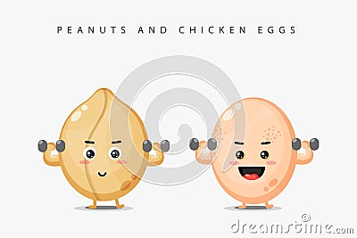 The peanut mascot and chicken egg lift the barbell Vector Illustration