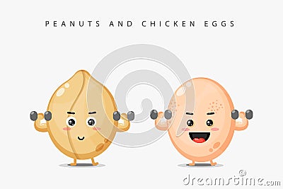 The peanut mascot and chicken egg lift the barbell Stock Photo