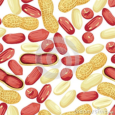 Peanut nut seed whole and shelled, Peanuts in pod seamless pattern. Vector Illustration