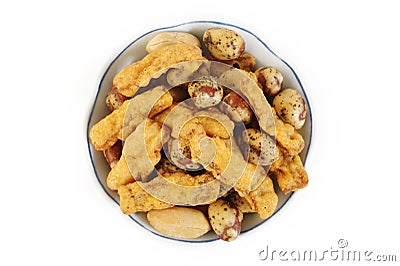 Peanuts, crispy and seasoned squid on white Stock Photo