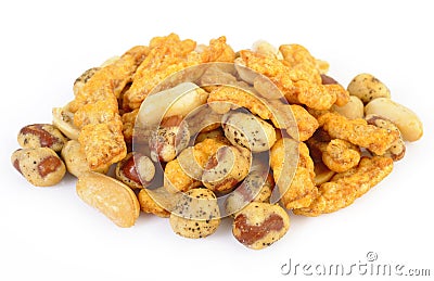 Peanuts, crispy and seasoned squid on white background Stock Photo