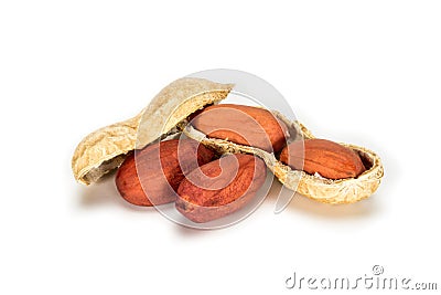 Peanuts. Four nut kernels with open shell, isolated on white background. Peanut macro close up. Full depth of field Stock Photo