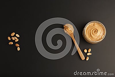 Peanuts and Fresh Peanut Butter Isoalted Black Background Protein Super Food Snack Stock Photo