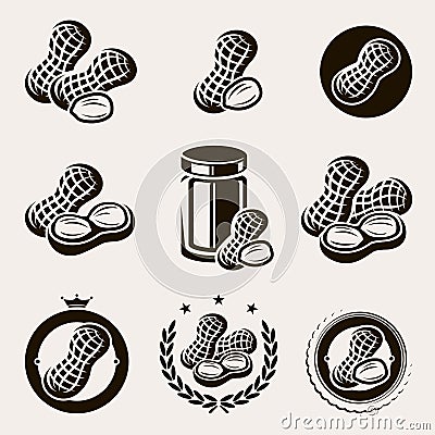 Peanuts label and icons set. Vector Vector Illustration