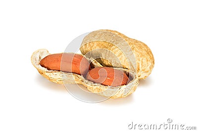Peanuts. Real whole nut with kernels in shell isolated on white background. Peanut macro close up. Full depth of field. Stock Photo