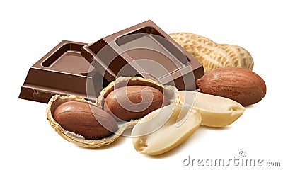 Peanuts in shells and milk chocolate isolated on white background Stock Photo