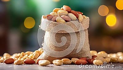 Peanuts in small burlap bag. Tasty and healthy snack. Natural backdrop Stock Photo
