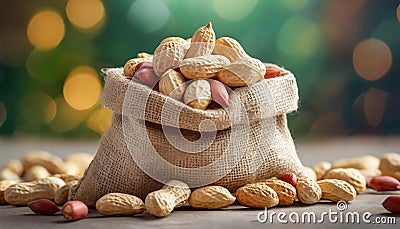 Peanuts in small burlap bag. Tasty and healthy snack. Natural backdrop Stock Photo