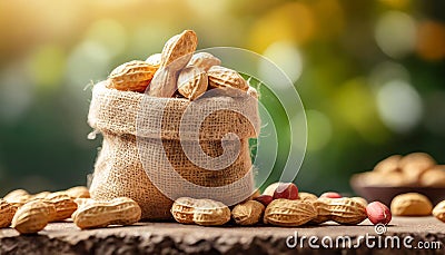 Peanuts in small burlap bag. Tasty and healthy snack. Natural backdrop Stock Photo