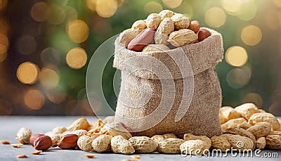 Peanuts in small burlap bag. Tasty and healthy snack. Natural backdrop Stock Photo