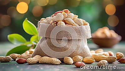 Peanuts in small burlap bag. Tasty and healthy snack. Natural backdrop Stock Photo