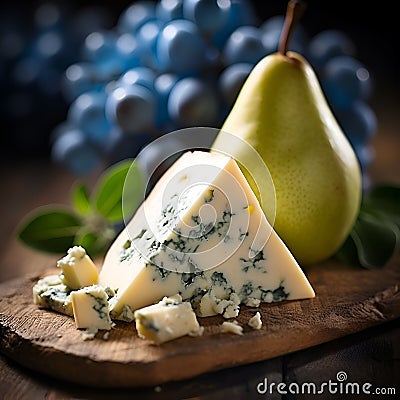 Pear and blue cheese plate, wine appetizer. Gourmet dish concept. Fresh pear slices served with blue cheese and grapes on a wooden Stock Photo