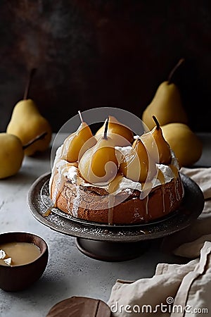 Pear cake. Scandinavian style, generative AI tools Stock Photo